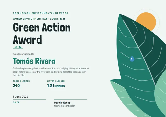 Emerald Sunburst World Environment Day Certificate template, A4 landscape, in emerald