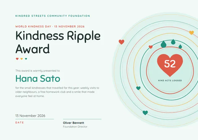 Jade Wave World Kindness Day Certificate template, A4 landscape, in jade