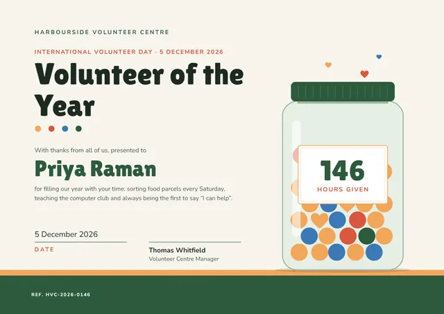 Forest Green Heart International Volunteer Day Certificate template, A4 landscape, in forest green