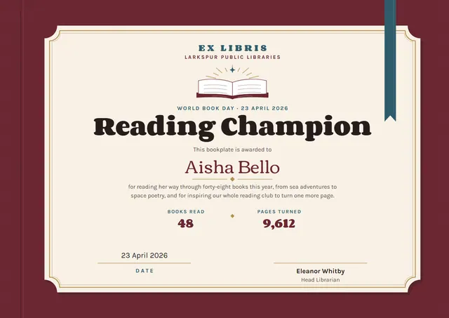Burgundy Ribbon World Book Day Certificate template, A4 landscape, in burgundy