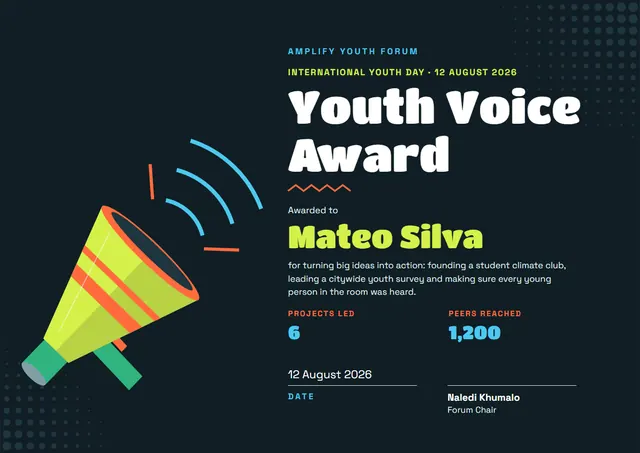 Black Wave International Youth Day Certificate template, A4 landscape, in black