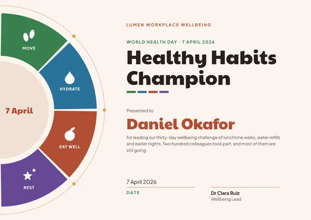 Terracotta Orbit World Health Day Certificate template, A4 landscape, in terracotta