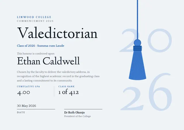 Slate Tassel Valedictorian Certificate template, A4 landscape, in slate grey
