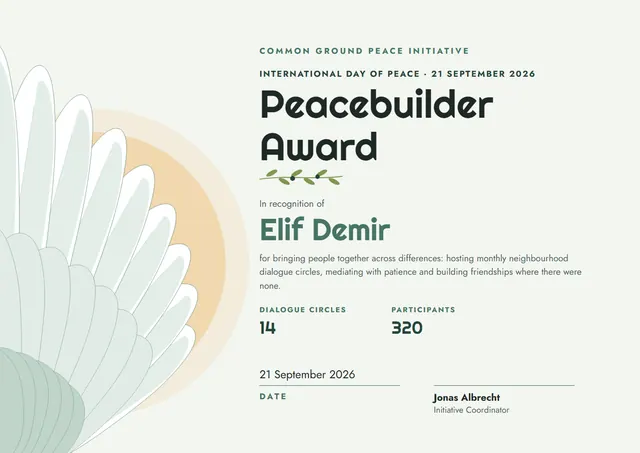 Mint Leafy International Day of Peace Certificate template, A4 landscape, in mint