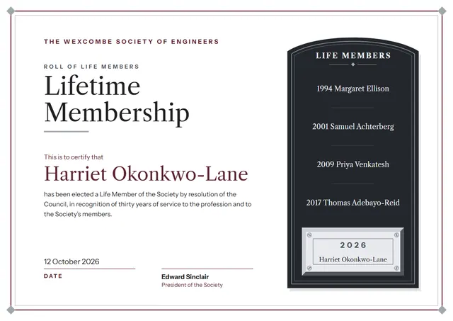Burgundy Woodgrain Lifetime Membership Certificate template, A4 landscape, in burgundy