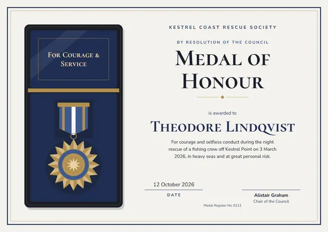 Black Ribbon Medal of Honour Certificate template, A4 landscape, in black