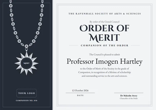 Charcoal Rosette Order of Merit Certificate template, A4 landscape, in charcoal grey