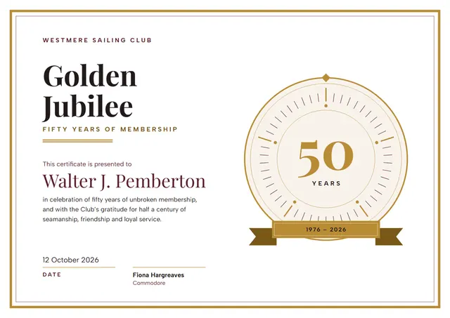Gold Crown Golden Jubilee Certificate template, A4 landscape, in gold
