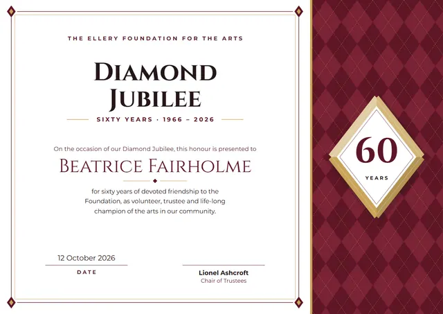 Burgundy Medal Diamond Jubilee Certificate template, A4 landscape, in burgundy
