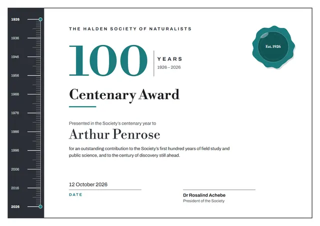 Teal Seal Centenary Certificate template, A4 landscape, in teal