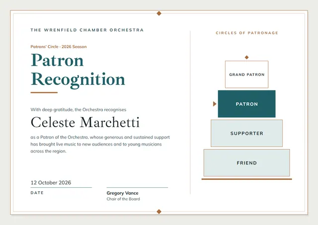 Teal Banded Patron Recognition Certificate template, A4 landscape, in teal