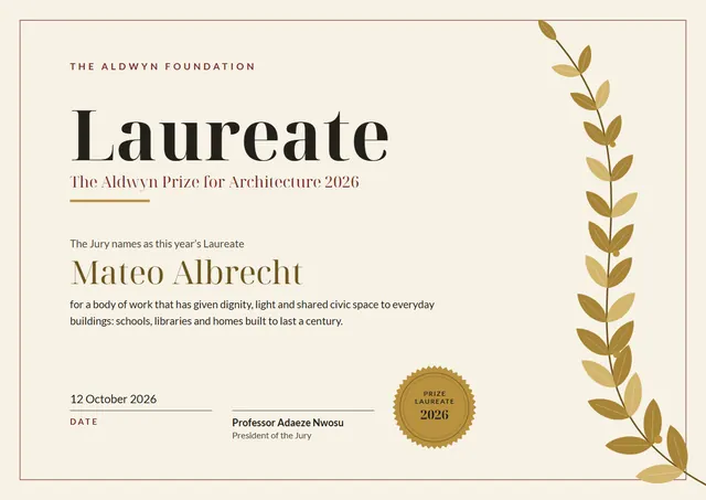 Chocolate Laurel Prize Laureate Certificate template, A4 landscape, in chocolate