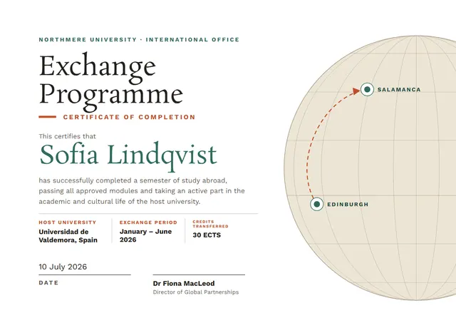 Jade Globe Exchange Programme Completion Certificate template, A4 landscape, in jade