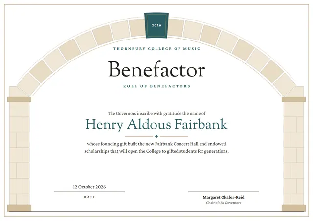 Charcoal Bordered Benefactor Certificate template, A4 landscape, in charcoal grey