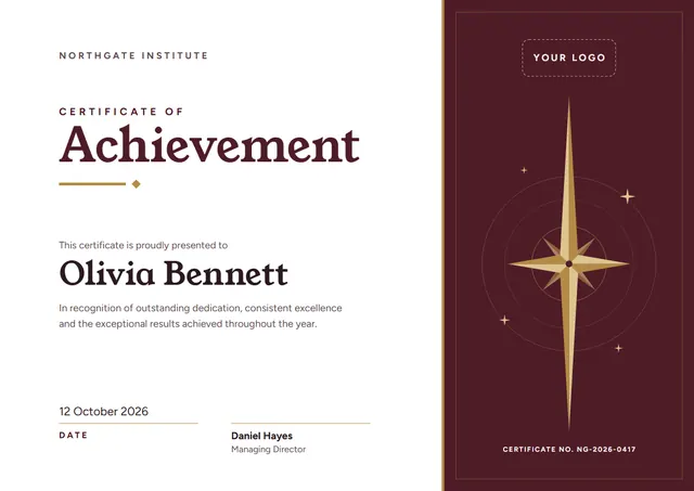 Burgundy Orbit Certificate of Achievement template, A4 landscape, in burgundy
