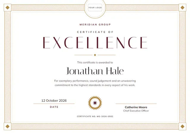 Burgundy Medal Certificate of Excellence template, A4 landscape, in burgundy