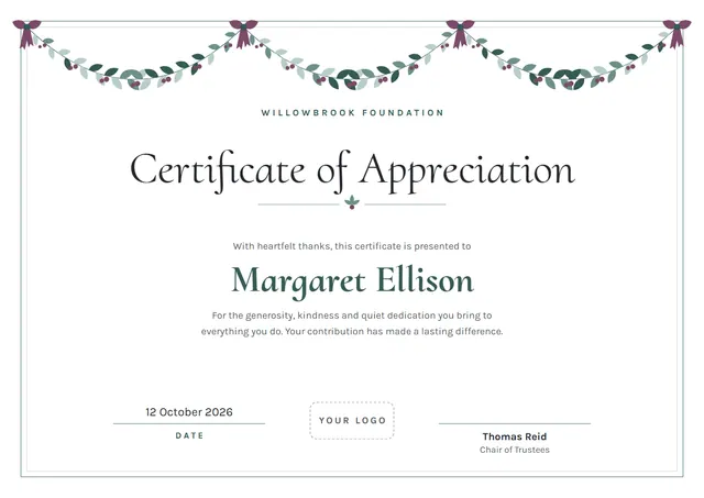 Mint Ribbon Certificate of Appreciation template, A4 landscape, in mint