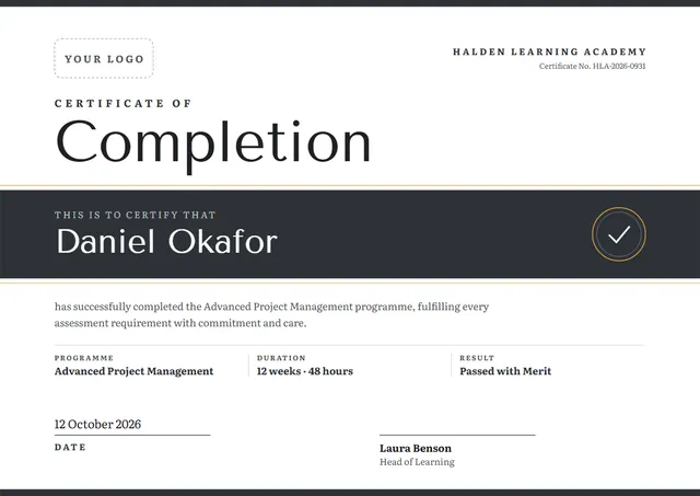 Gold Banded Certificate of Completion template, A4 landscape, in gold