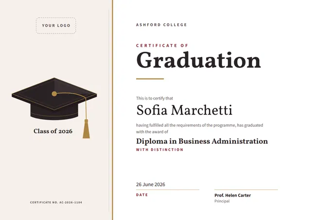 Bronze Tassel Graduation Certificate template, A4 landscape, in bronze