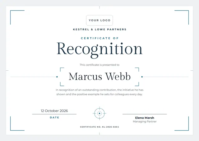 Ocean Blue Signature Certificate of Recognition template, A4 landscape, in ocean blue