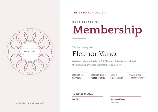 Crimson Banded Certificate of Membership template, A4 landscape, in crimson